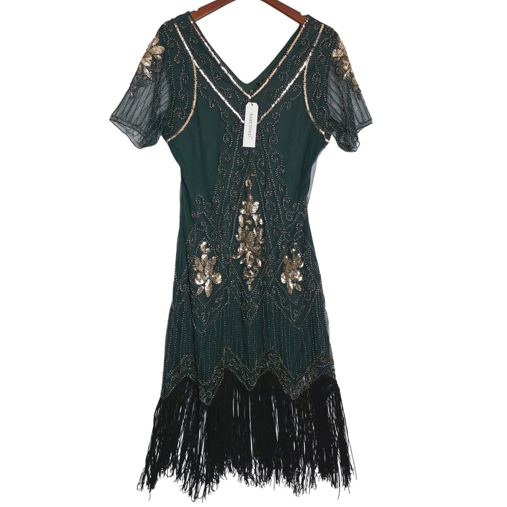 Babeyond Green Gold Sequin Beaded Fringe Flapper Dress 2XL 1920s Gatsby Cocktail